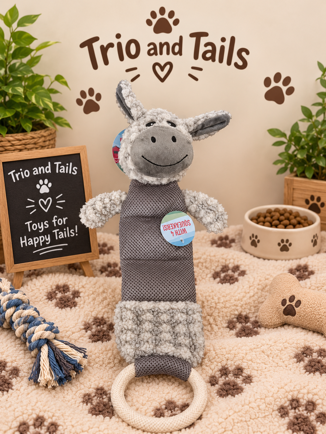 Trio and Tails Soft Donkey Dog Toy with Squeaker